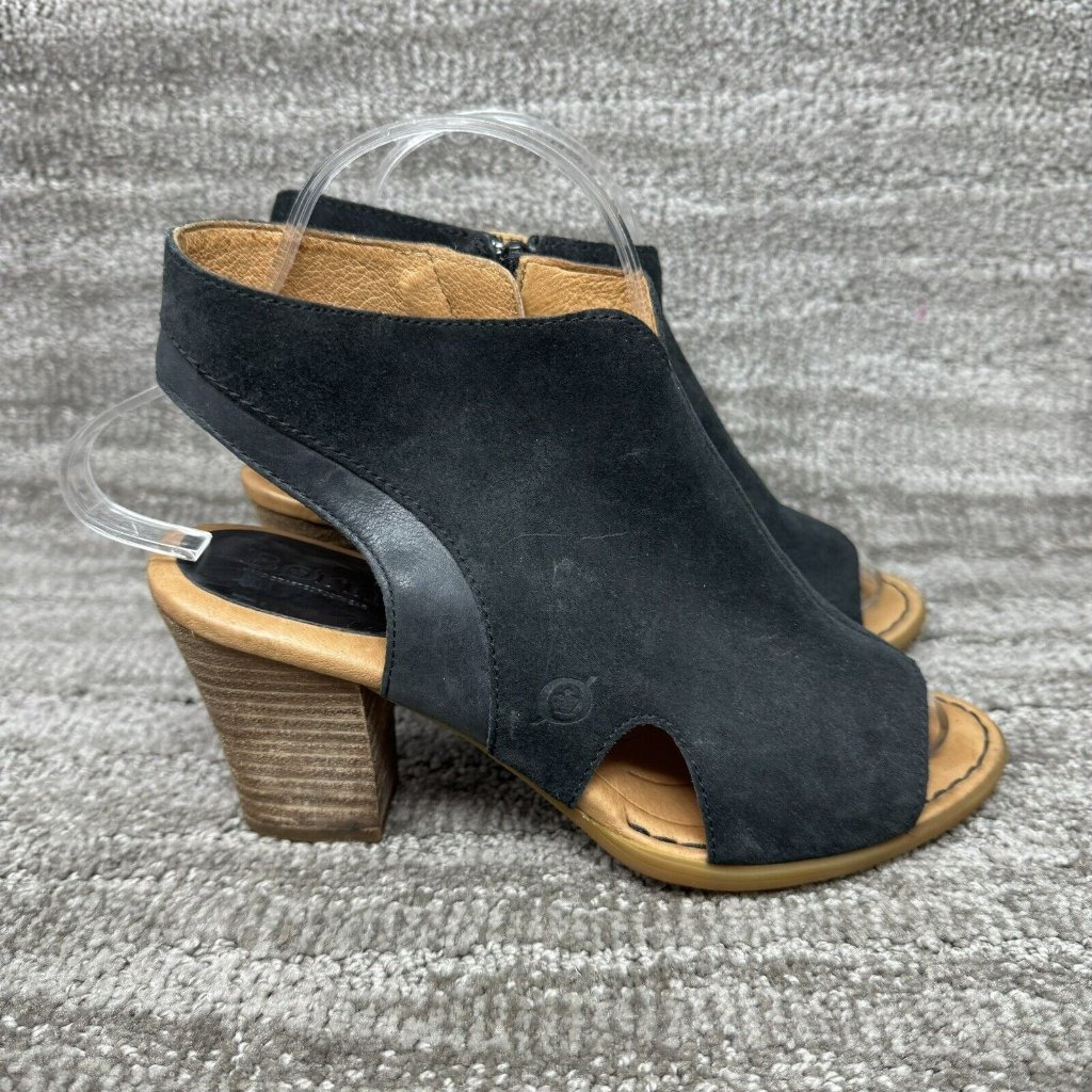 Born Womens Sandals Suede Leather Black Peep Toe Booties Size 7.5m Zip Up